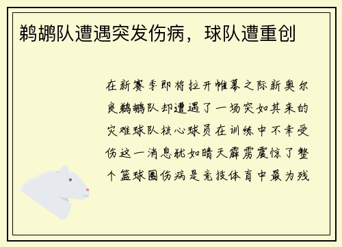 鹈鹕队遭遇突发伤病，球队遭重创