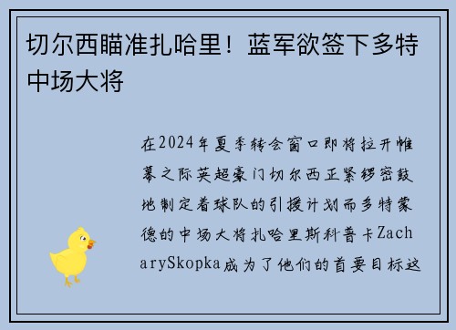 切尔西瞄准扎哈里！蓝军欲签下多特中场大将