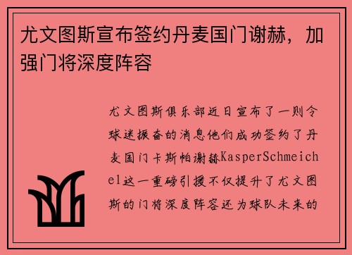尤文图斯宣布签约丹麦国门谢赫，加强门将深度阵容